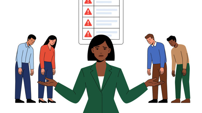 A stressed manager facing multiple errors while her team looks exhausted and defeated by work challenges.