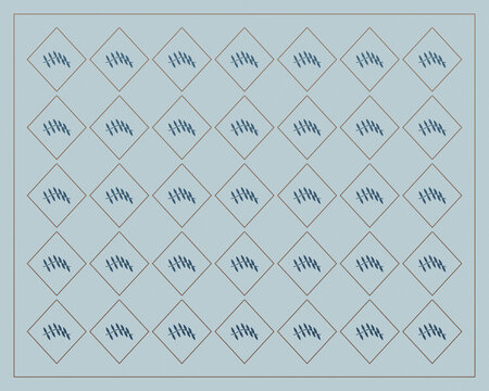 Repeated navy leaf sprigs sit inside delicate beige diamond outlines on a pale blue ground, creating a restrained geometric botanical backdrop for modern print and textile applications.