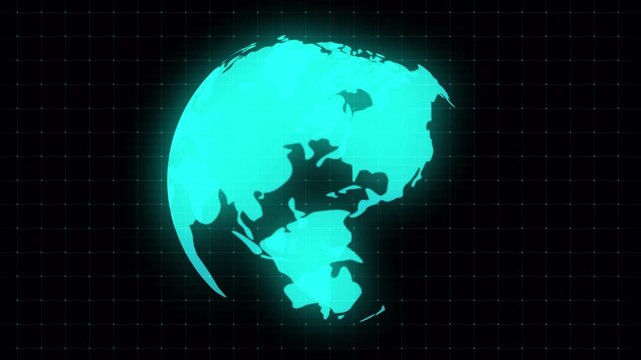 Futuristic digital globe earth hologram rotating in space. Futuristic 3D animation of the planet showing a world map