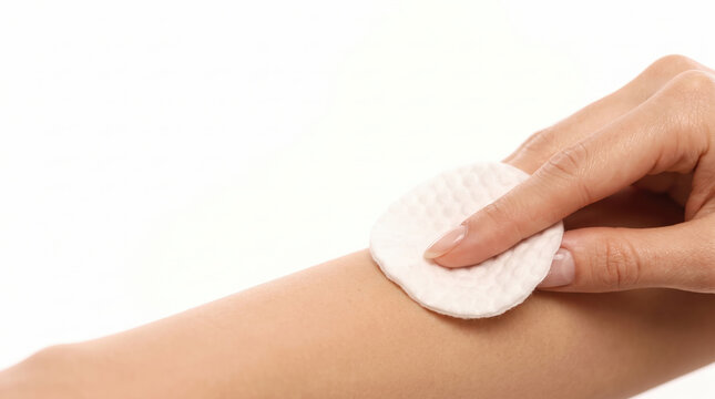 Female hand gently applying round cotton pad on smooth arm, representing skincare application, cosmetic product testing, skin cleansing, and dermatological care