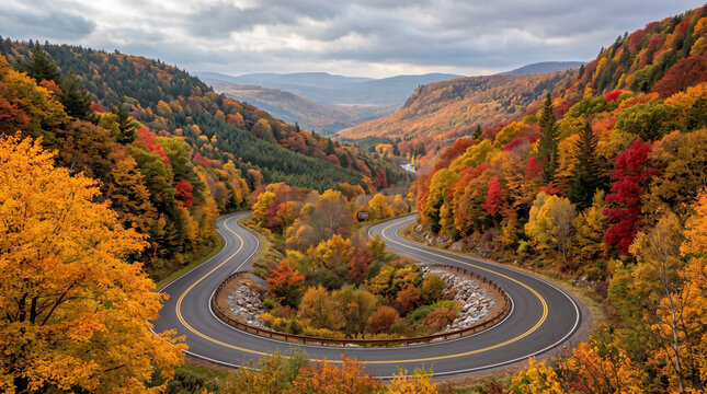 Winding road traversing a vibrant autumn valley, presenting a scenic journey through changing seasonal colors and exploring nature's evolving beauty on a remote path