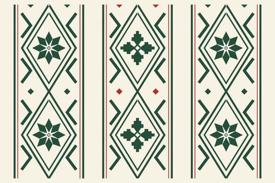 Three tall ornamental panels combine angular diamonds, starbursts, crosses, and fine red accents in a balanced folk-inspired composition designed for fabric, wallpaper, or interiors.