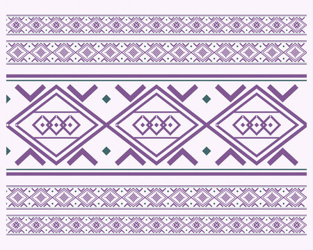 Layered purple and muted teal bands surround a spacious cream center, combining bold diamond ornaments with delicate miniaturized repeats for an elegant cultural banner or textile.