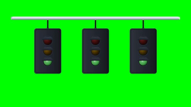 A clean 2D vector animation of three traffic light units hanging from a long horizontal pole rendered on a chroma key green screen background. The signal lights illuminate in sequence from red to ambe