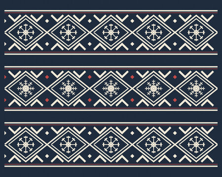Repeated cream snowflakes and diamond ornaments form elegant horizontal bands across a navy background, evoking Nordic knitwear and winter craft for textile applications.