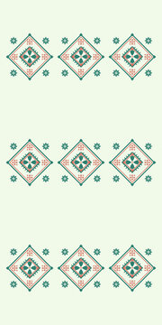 Delicate teal and coral ornaments float across a pale background, blending diamonds, flowers, and star shapes into an airy folk composition suited to stationery, textiles, and branding.