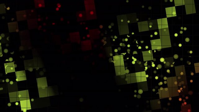 Abstract digital art featuring green pixelated squares and golden bokeh particles in a dark black void background. Suitable for techthemed designs.