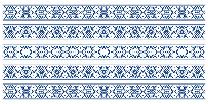 Multiple horizontal rows of navy geometric motifs create a crisp blue and white folk textile pattern with rhythmic symmetry for contemporary fabric, wallpaper, and packaging.