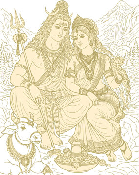Lord Shiva and Parvati Hindu god Design Element. Sketch or Drawing of Shiva Parvati Outline Editable Vector Illustration