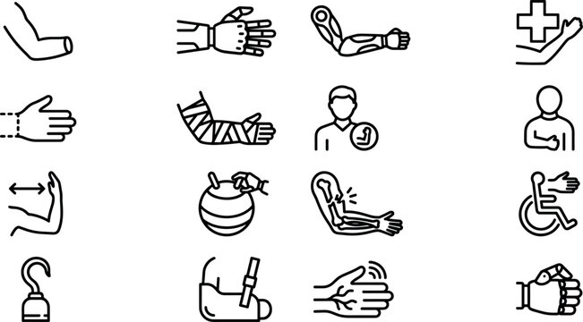 Set of arm and hand injury, medical treatment, and prosthetic icons