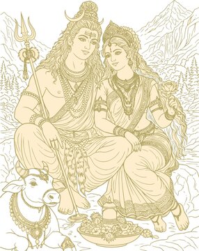 Lord Shiva and Parvati Hindu god Design Element. Sketch or Drawing of Shiva Parvati Outline Editable Vector Illustration