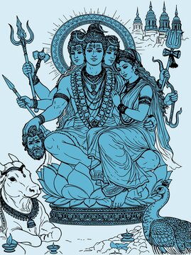 Lord Shiva and Parvati Hindu god Design Element. Sketch or Drawing of Shiva Parvati Outline Editable Vector Illustration
