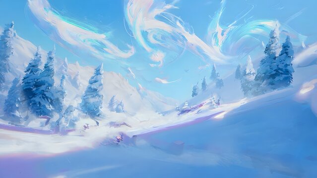 stylized blizzard sweeps across the frozen landscape. 
