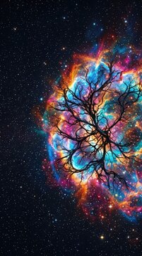 A cosmic view showing glowing stellar nebulae in vibrant colors surrounding the dense, mysterious filaments and tendrils of cold dark matter, astronomy, abstract, mysterious