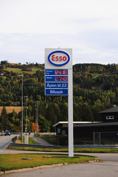 Dokka, Norway, September 20 2026, Esso fuel price board shows gasoline from 24.16 NOK and diesel at 27.40 NOK per liter