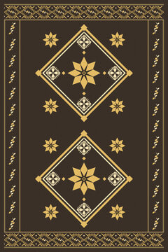 A richly ornamental repeating layout combines diamond medallions, floral stars, delicate leaves, and folk symbols in golden ochre on a dark brown background.