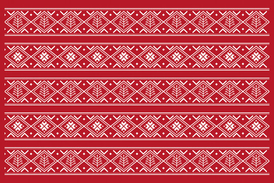 A bold horizontal arrangement of alternating botanical and floral folk bands creates a crisp festive textile-inspired backdrop in vivid red and white.