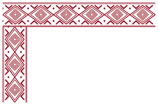Minimal red folk border forms a decorative corner on white, combining layered diamonds, angular chevrons, and ornamental lines for stationery or frame design.