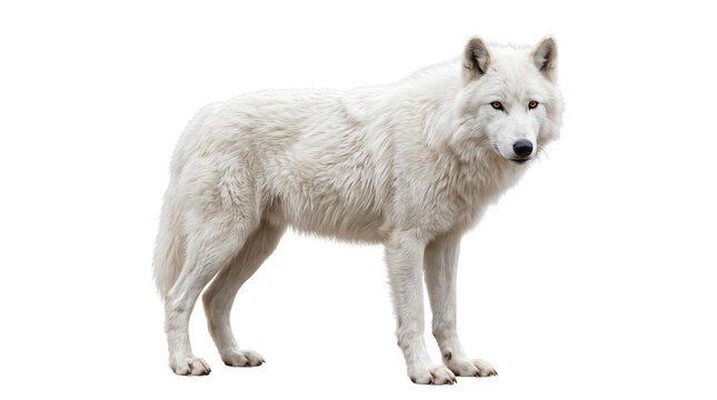Arctic wolf standing on white background, majestic white wolf with thick winter fur, wild polar wolf predator isolated for design