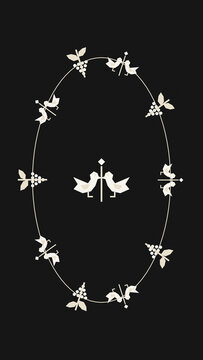 Elegant ivory folk ornaments, delicate birds, berries, and leaves form an oval frame on a deep black ground, creating a refined traditional border for seasonal designs.