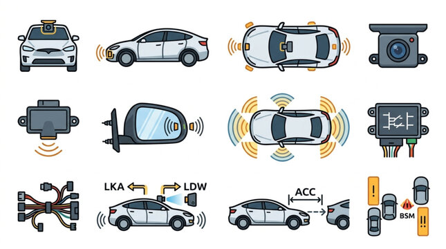 Elegant of Modern Vehicle Advanced Driver Assistance Systems and Smart Car Technologies in Simple Icons