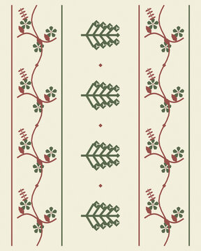 Elegant vertical borders combine curling branches, small flowers, and geometric green emblems in muted red and cream, evoking handmade folk textiles and heritage decoration.