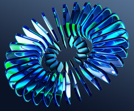 Circle glass radial line pattern with glow blue green neon light effect on dark 3d background. Vibrant circular array, abstract crystal ring. Futuristic AI data, modern digital tech. 3D illustration