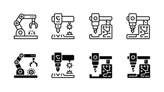 Robotic arm and CNC machine outline and solid icons for industrial manufacturing processes and automation technology.