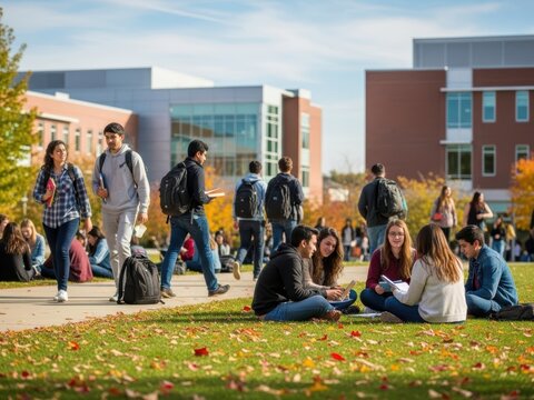 Students gather on campus lawn during fall season