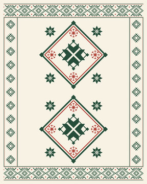 A balanced cream composition features two large green and red geometric medallions surrounded by repeated border details, evoking handcrafted textile traditions and ornamental design.