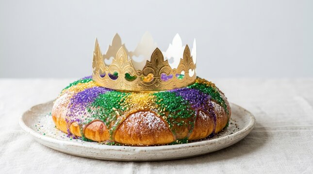 A festive epiphany kings cake with colorful sugar glaze, sparkling gold and purple sprinkles, and a shiny golden paper crown resting on top, tradition, dough, yellow
