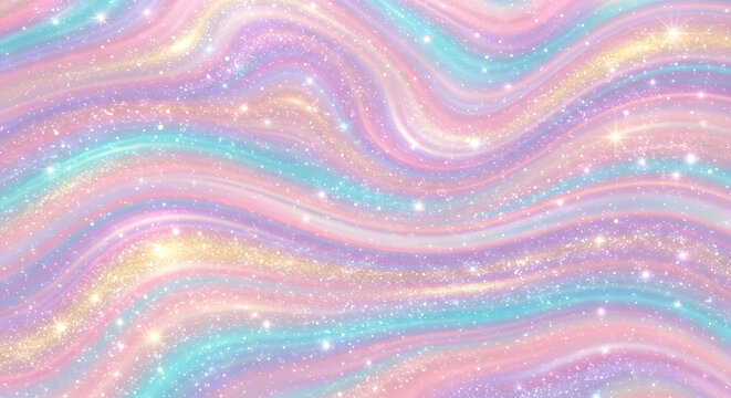Abstract pastel rainbow glitter background with swirling liquid marble wave texture, glowing sparkles, and holographic starry sky, stock illustration