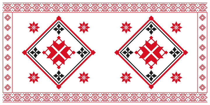 Two large diamond medallions with bold red geometric centers and black floral accents create a balanced folk panel for textiles, packaging, interiors, and print.