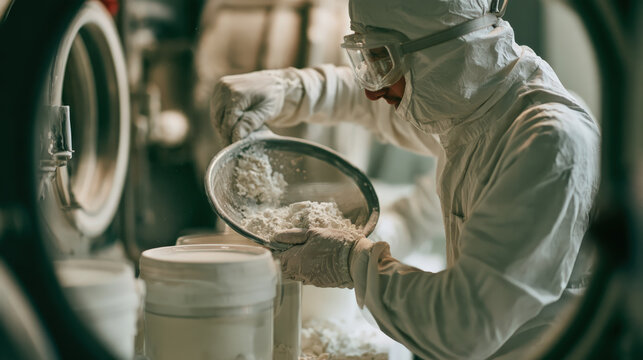 Scientist in protective gear handles powdered substance carefully