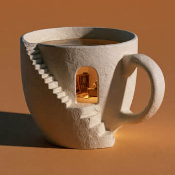 Ceramic cup holds warm beverage, cracked to reveal miniature room