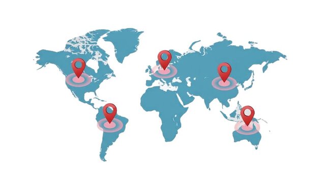 Minimalist World Map with Blinking Red Location Pins Motion Graphic