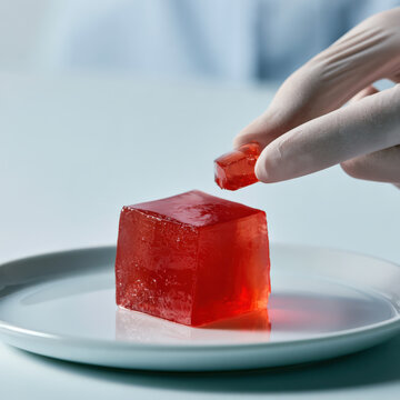 Red gelatin cube rests on a white plate