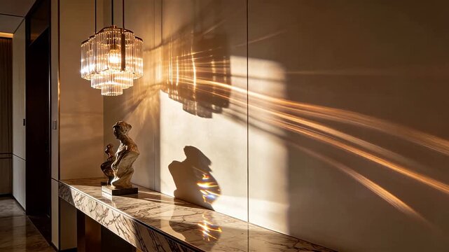 Elegant multi-layer crystal chandelier casting warm light and radiating shadows in modern interior