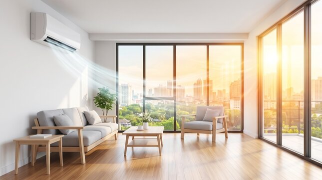 Wall mounted air conditioner cooling a bright modern apartment during summer heat with visible airflow, comfortable living room interior and sunlit city view for home climate control