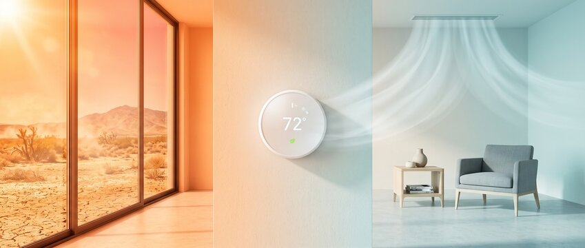 Smart thermostat controlling home climate with contrast between extreme outdoor heat and cool indoor comfort for energy efficiency, smart home technology and temperature management