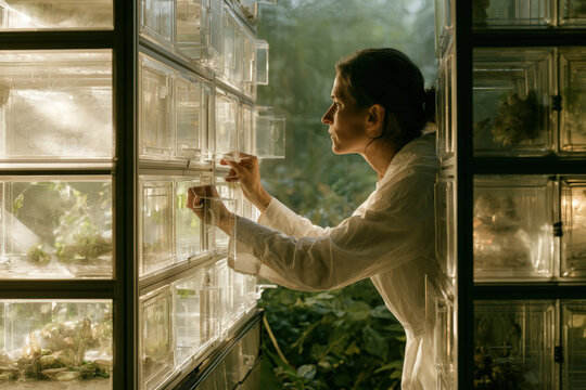 Woman examines plants in controlled growing units
