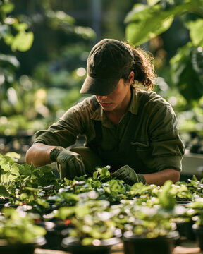Green-gloved hands tend to seedlings in rows of pots