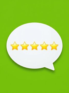 a graphic illustration with a vibrant green backdrop featuring five bright stars inside a large white speech bubble, signifying excellent customer satisfaction, experience, recommendation, vibrant