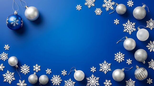 Flat lay christmas background with silver ornaments and white snowflakes on a blue surface