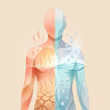 Dehydration and hydration balance concept with human body silhouette showing water loss from heat stress and fluid replenishment for wellness, summer safety and healthy body function