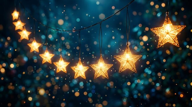 Glowing star shaped fairy lights hanging against a festive blurred blue background