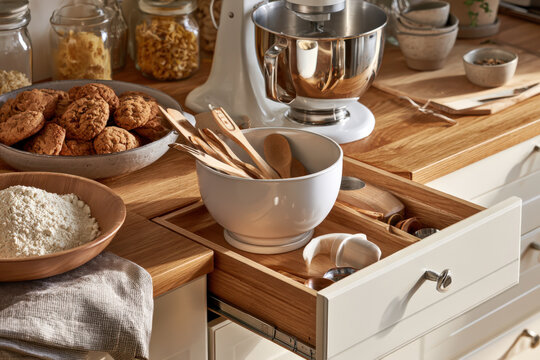 Cozy kitchen scene with baking tools and ingredients