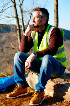 Vertical shot of middle aged Caucasian man wearing safety vest sitting outdoors and thinking, representing field inspection or site supervision. Useful for construction planning or safety training