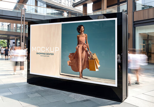 Large Horizontal Billboard Screen in Modern Commercial Area Mockup