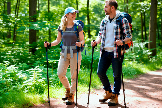 Caucasian young adult couple hiking with trekking poles on forest trail, carrying backpacks and talking during outdoor adventure. Ideal for travel, wellness, ecotourism marketing